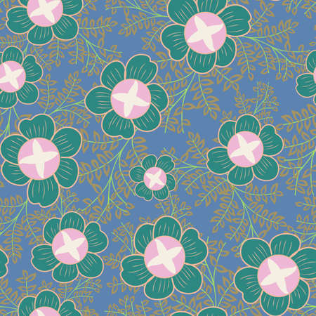 Blue with whimsical flower elements with their leaves seamless pattern background design.のイラスト素材