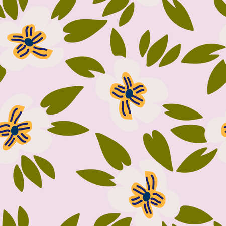 Light Pink with cream lush florals and green leaves seamless pattern background design.