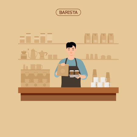 Barista at work. Vector illustration, flat style.のイラスト素材