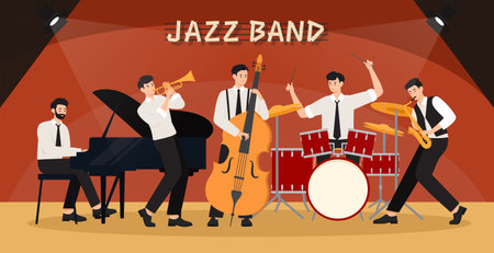 Jazz band flat vector illustration. Musicians playing musical instruments.のイラスト素材