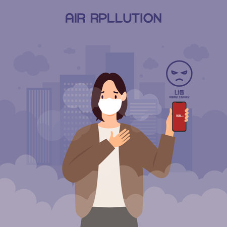 A woman in a medical mask holds a phone with an app for protection against viruses and bacteria. Vector illustration in a flat styleのイラスト素材