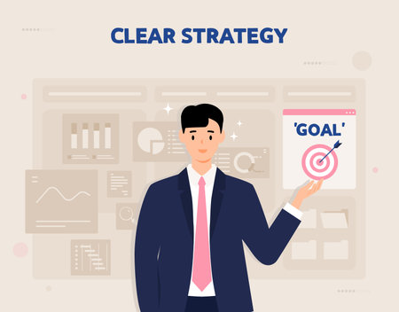 Conceptual illustration of strategy. Businessman pointing at target on whiteboard.のイラスト素材