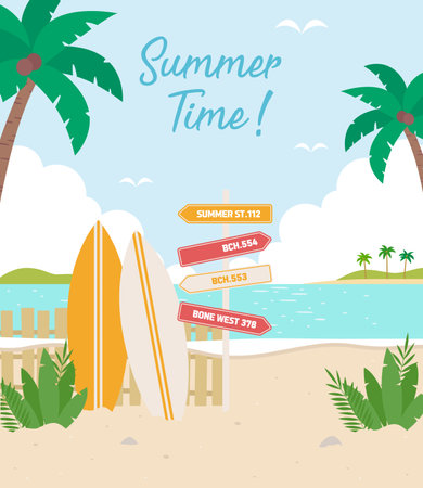 Summer time vector illustration with surfboard, palm tree, signpost.のイラスト素材