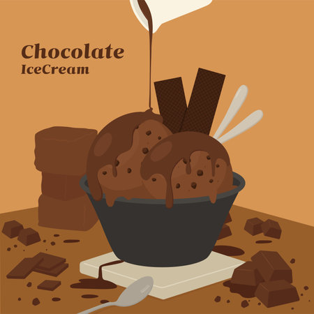 Chocolate ice cream in a bowl. Vector illustration in flat styleのイラスト素材