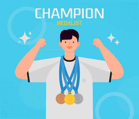 Champion with gold medals on blue background. Vector illustration in flat styleのイラスト素材