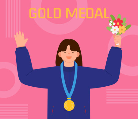 GOLD MEDIA. Girl holding a medal with flowers. Flat vector illustration.のイラスト素材