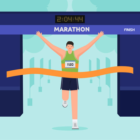 Running man in marathon. Vector illustration in flat design style. Athlete running at the finish line.のイラスト素材