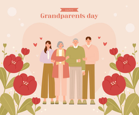 Grandparents day greeting card with family and flowers. Flat vector illustration.のイラスト素材