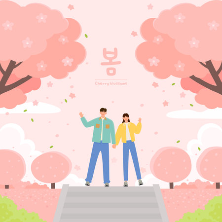 Couples go to the park in spring. Vector illustration.