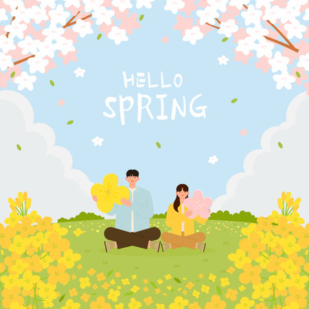 Spring season with couple in love on blooming flowers background. Vector illustration.のイラスト素材