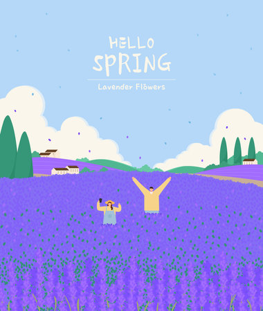 Happy couple in lavender flower field. Vector illustration for your designのイラスト素材