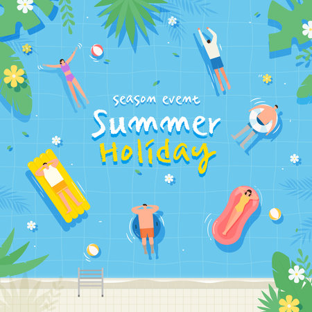 Summer holiday banner with people swimming in pool. Flat style vector illustration.のイラスト素材