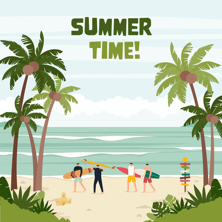 Summer time flat design concept with people on the beach and palm trees vector illustrationのイラスト素材