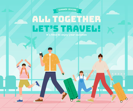Airport terminal. People with suitcases. Flat style vector illustration.のイラスト素材