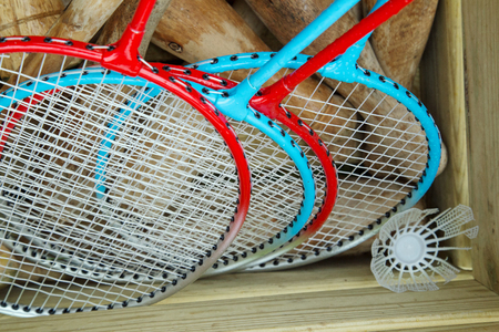 Lawn sports equipment in a box from aboveの写真素材