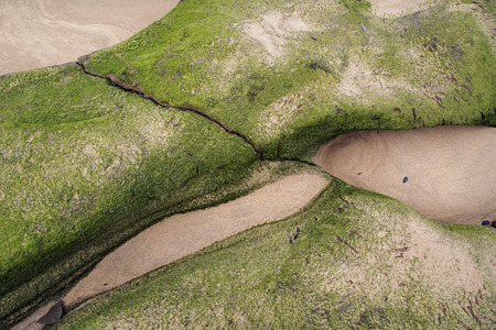 Green moss covered rock formations on a sandy cornish beachの写真素材