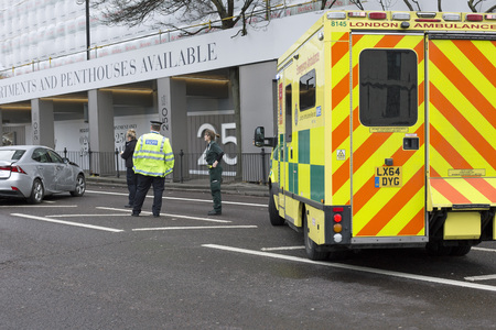 London, England, December 31st, 2017, Ambulance at the scene of a car crashのeditorial素材