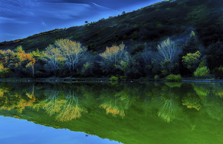 Fall colors and foliage reflecting over pristine lake and cloudy blue skiesの写真素材