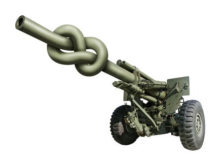 Photo-illustration of an old artillery gun with the barrel tied in a knot     の写真素材
