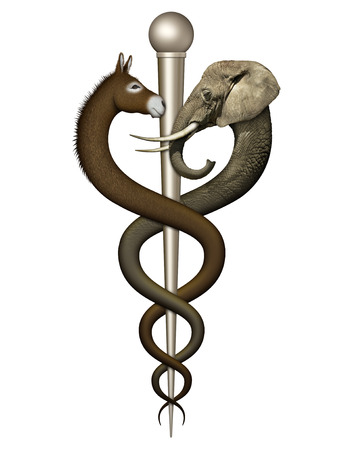 Digital illustration of a Caduceus, a symbol of medicine, designed to represent the debate or potential agreement over health care between democrats and republicans.の写真素材