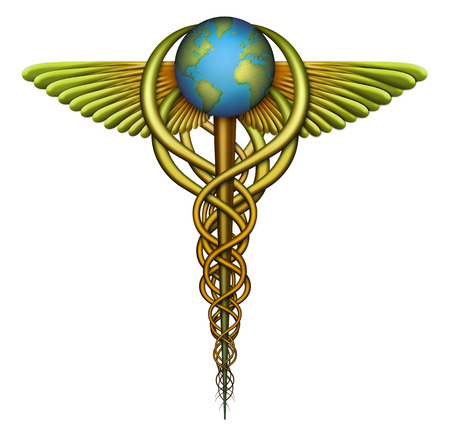 Digital illustration of a Caduceus, a symbol of medicine, designed to represent the idea of a worldwide Single Payer healthcare system and the many tentacles of influence. good or bad, that would involve.の写真素材
