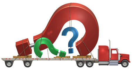 Illustration of a flatbed truck carrying question marks.   の写真素材