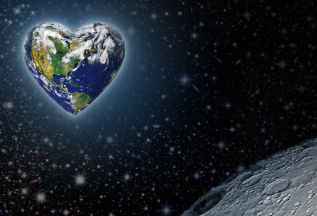 The planet earth shaped as a heart with the moon in the foreground and with space to add text.