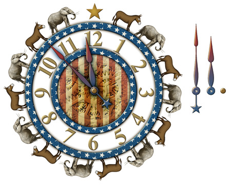 Election countdown clock with elephants and donkeys representing the Democratic and Republican parties. Clock hands are isolated separately to be placed and rotated around the clock. Clipping Path included.の写真素材