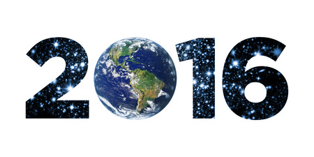 The year 2016 with Earth as the zero and the other three numbers filled with my digital illustration of a starry sky. Earth image: Coutesy: NASAの写真素材