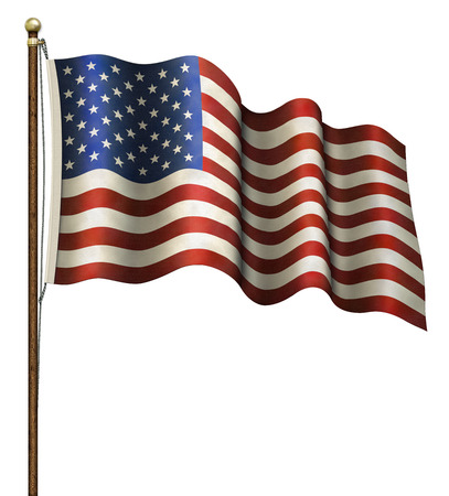 Digital illustration of a United States flag waving on a wooden flag pole.の写真素材