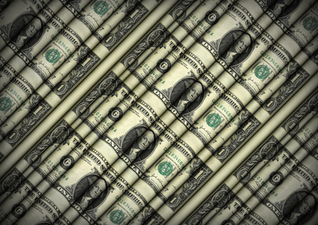Photo illustration of a rolling wavy sheet of U.S. one dollar bills.の写真素材
