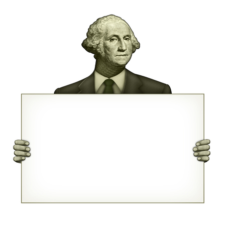 Illustration of a blank sign being held by George Washington from the one dollar bill.の写真素材