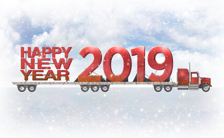 Giant Red Happy New Year and 2019 on a flatbed truck set against a cloudy snowy background. 3D illustrationの写真素材