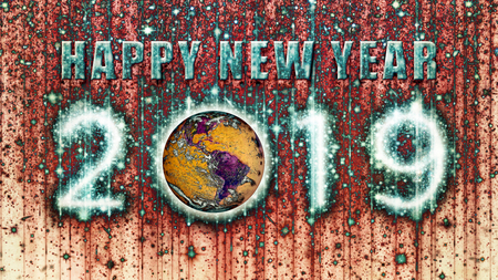 Blue and Pink Stringy Psychedelic Happy New Year 2019 With Earth. 3D illustration.