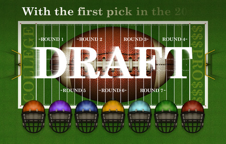 Banner highlighting the College Player Draft for Professional American football with a football, the playing field, seven rounds, and seven differently colored helmets. 3D Illustrationの写真素材