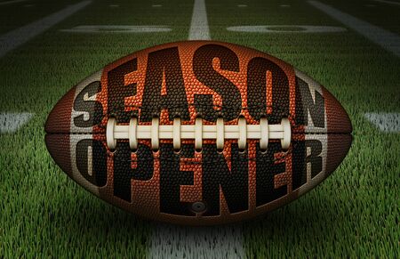 Digital illustration of an american football embossed with the words Season Opener, on the 50 yard line. 3D Illustrationの写真素材