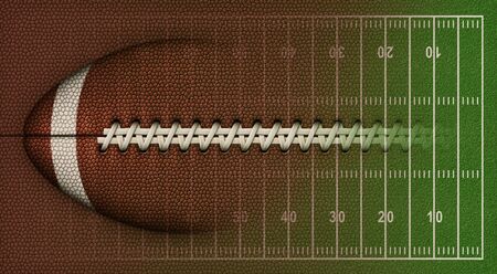 3D Illustration of a football, leather texture, laces, and a football field to use as a background for text or other graphics.の写真素材