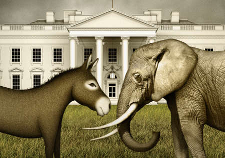 Digital illustration of a democrat donkey face to face with a republican elephant.の写真素材