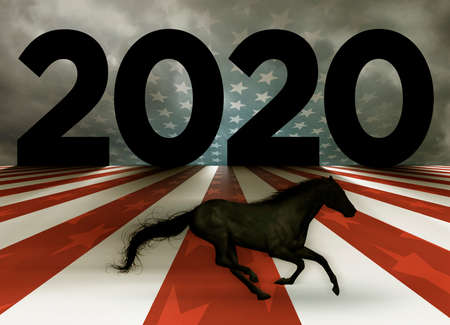 Landscape ground and sky made from red, white, and blue. stars and stripes with a dark horse running in the foreground. 3D Illustrationの写真素材