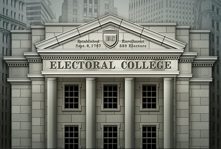 Electoral College system presented as a real physical college building. 3D and Photo Illustrationのeditorial素材