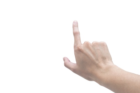 Hand pressing a button. Isolated on white backgroundの写真素材