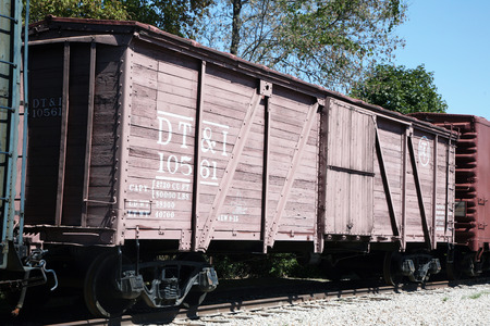 DEARBORN, MI-MAY, 2015:  Vintage railroad box car made out of wood at Greenfield Village in Dearborn, michigan.のeditorial素材