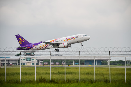 Thai Airways plane take off to the sky at Suvarnabhumi International Airport : October 24, 2014のeditorial素材