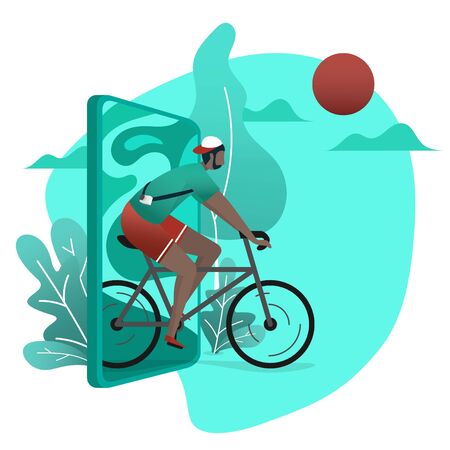 Minimal green color modern design of a man while ridding bycicle came out from the mobile phone which show green landscape view of minimal tree designのイラスト素材