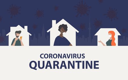 Self quarantine at home in coronavirus crisis situation. Home quarantine with people self isolation in home with background of city and coronavirus cover-19 in skyのイラスト素材