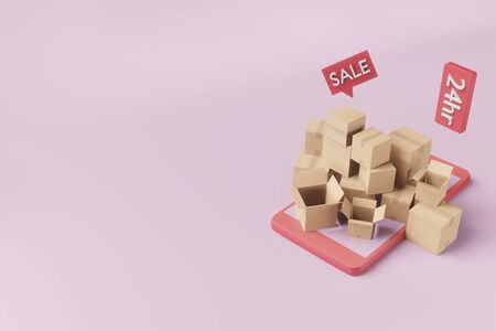 boxes delivery to home from online shopping in 3D illustration or 3D rendering