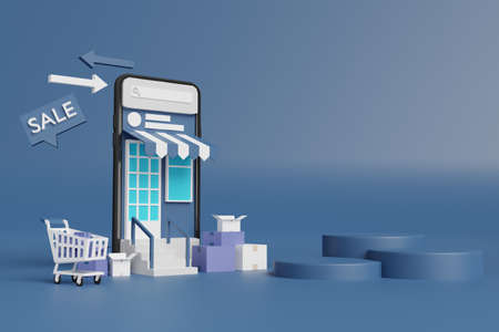 boxes delivery to home from online shopping in mobile phone 3dの写真素材