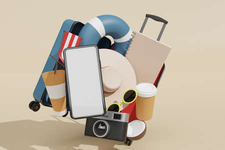 Mobile phone mockup 3d rendering for Scene Creator in summer holiday advertising themeの写真素材