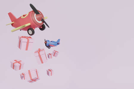 3d rendering airplane in blue tone and red tone with many boxes of gift floating for celebrate...