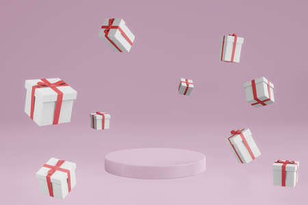 podium with many boxes of gift christmas,x-mas birthday celebration background concept in 3d rendering illustrationの写真素材